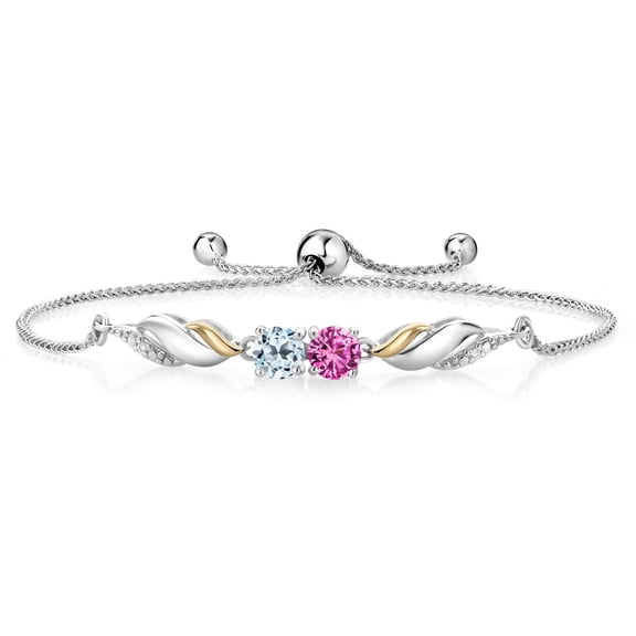 Gem Stone King 1.27 Ct Pink Created Sapphire Sky Blue Topaz 925 Silver and 10K Yellow Gold Lab Grown Diamond Bracelet for Women