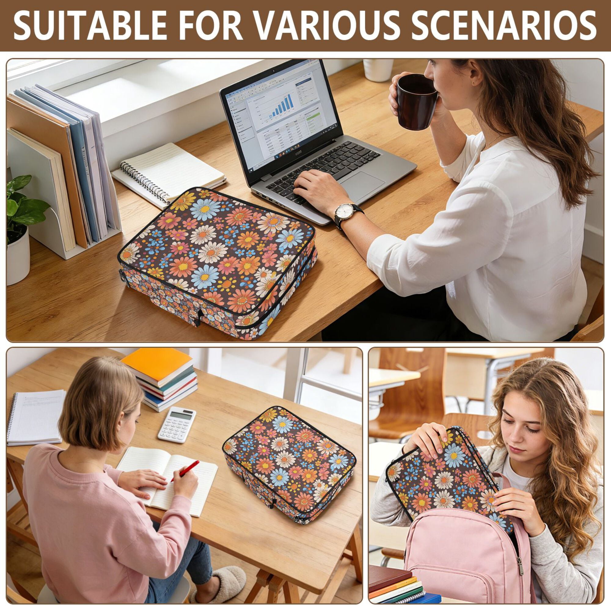 FORMRS Accordion File Folder A4 Size 7-Pocket Expanding Document Organizer Bag with 3 Ring Binder, Colorful Flowers