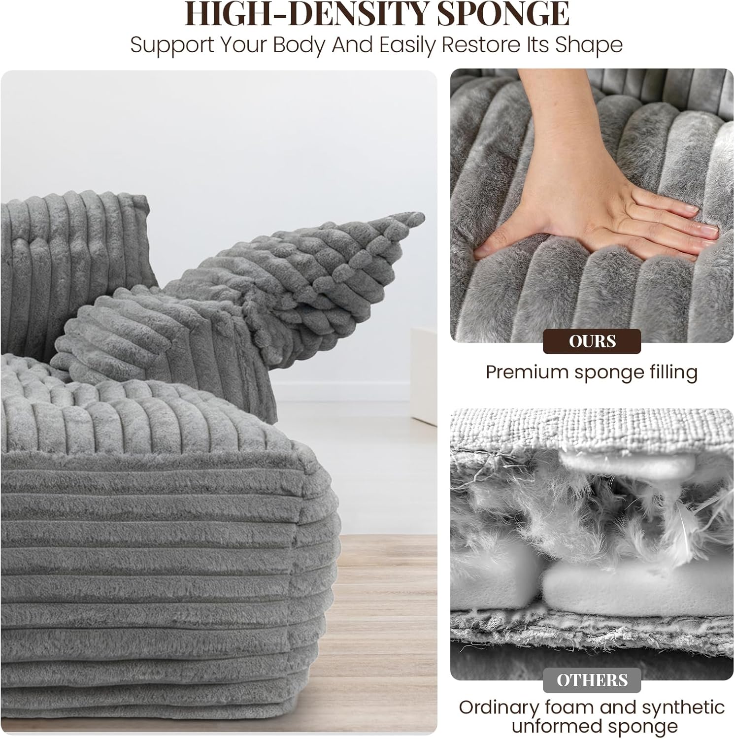Reliancer 67.7" Oversized Chaise Lounge Chair, Light Gray Faux Fur photo 3
