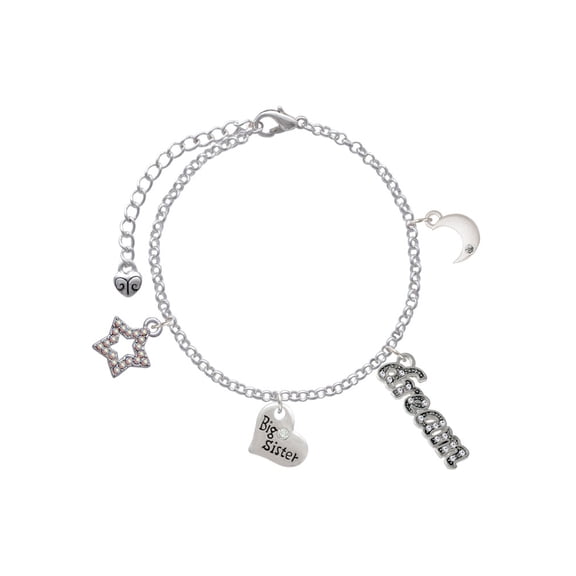 Delight Jewelry Silvertone Small ''Big Sister'' Heart with Clear Crystal Silvertone Dream Big Charm Bracelet, 7.5 2" Extender