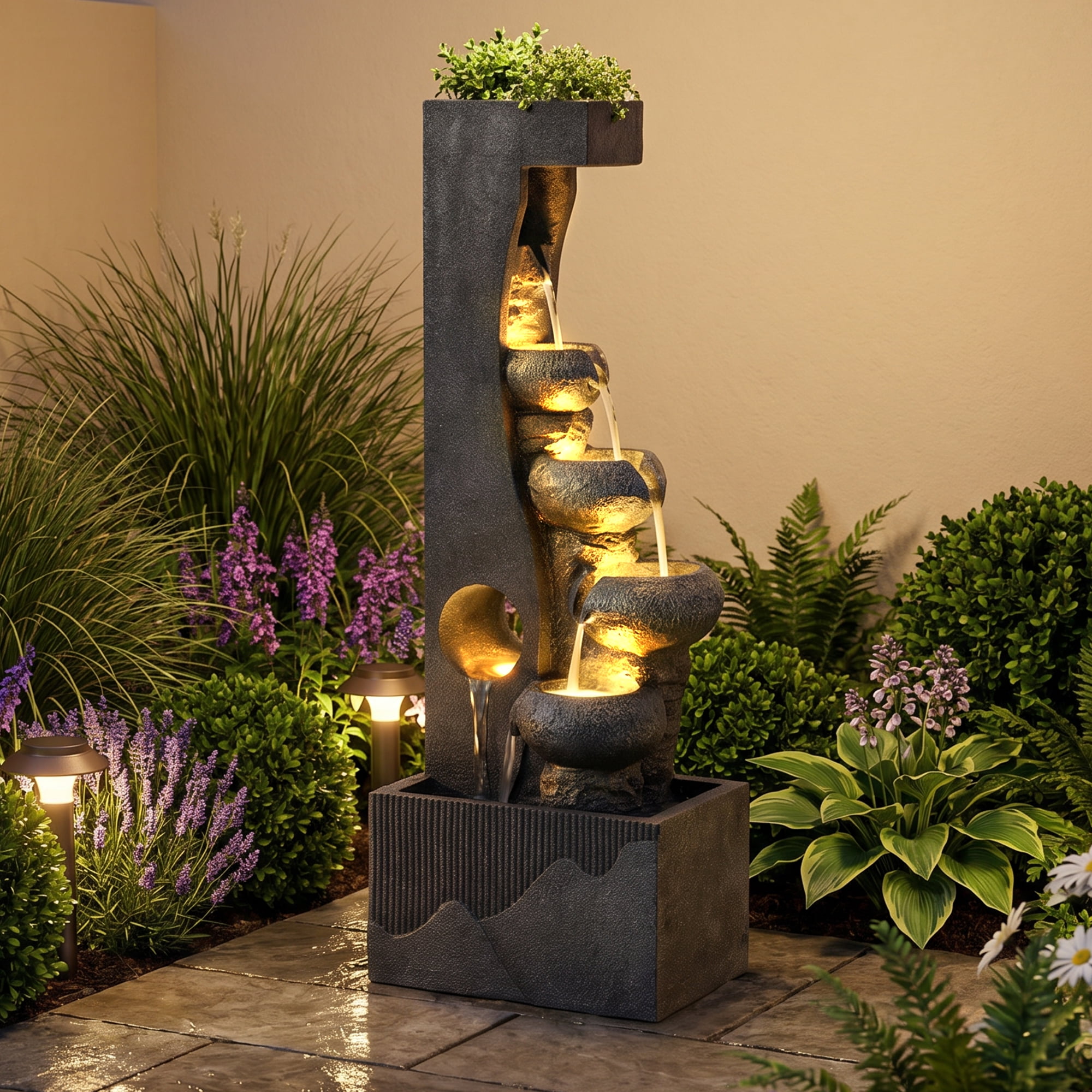 Magic Union 4-Tier Outdoor Water Fountain with LED Lights, 39.2" Tall Resin Cascading Waterfall Fountain with Planter Areas, Modern Calming Water Feature for Patio Balcony Deck Garden Yard Decor