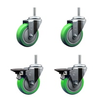 4 Inch Green Poly Wheel Swivel 5/8 Inch Threaded Stem Caster Set 2 Brakes