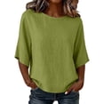 thumbnail image 3 of Women's Summer T Shirts Cotton Linen Blouse Casual Crew Neck Pullover Loose Lightweight Tops by Yigetop Green 3XL, 3 of 8