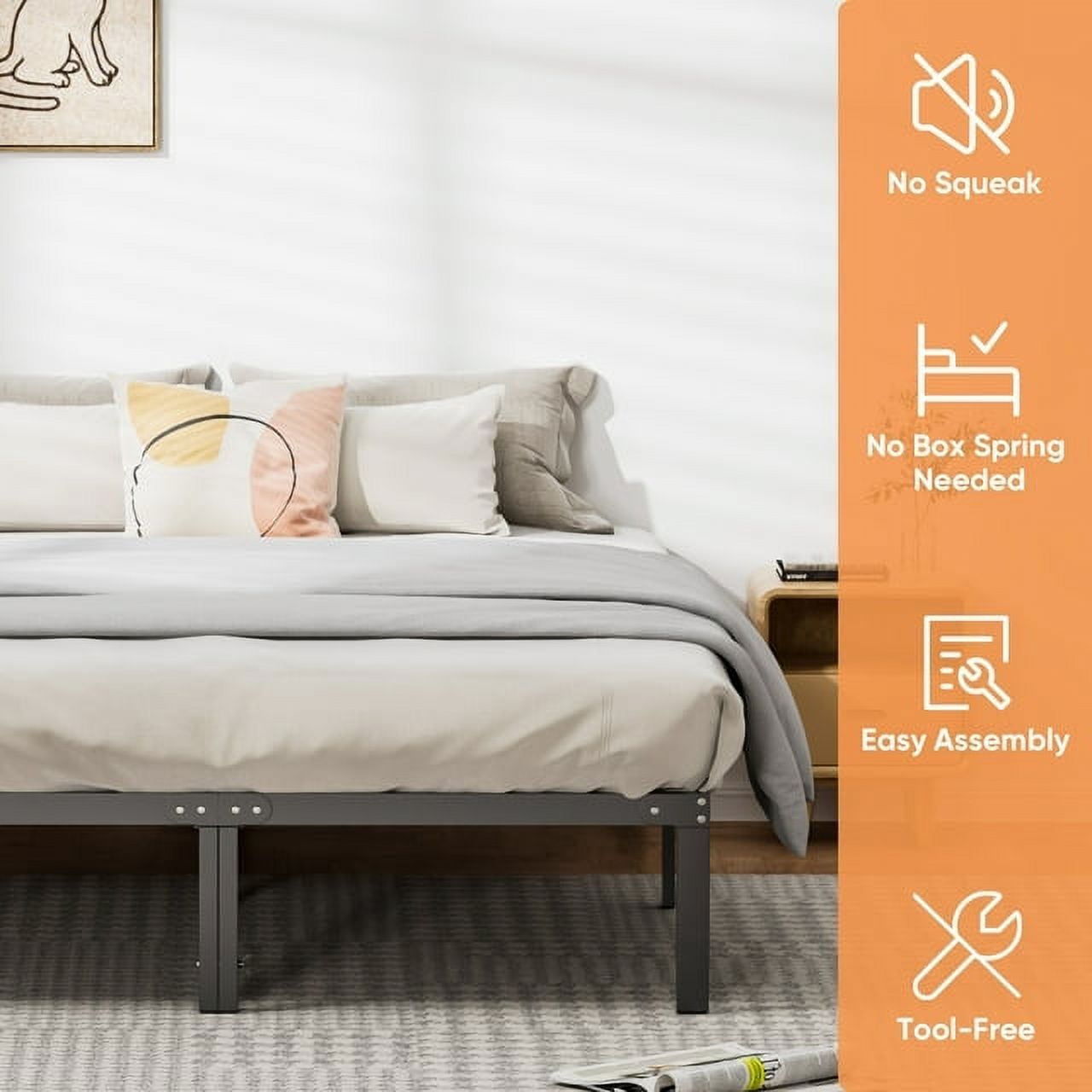 King Size Platform , Black Heavy Duty Metal Bed Frame with Under Bed Storage Space