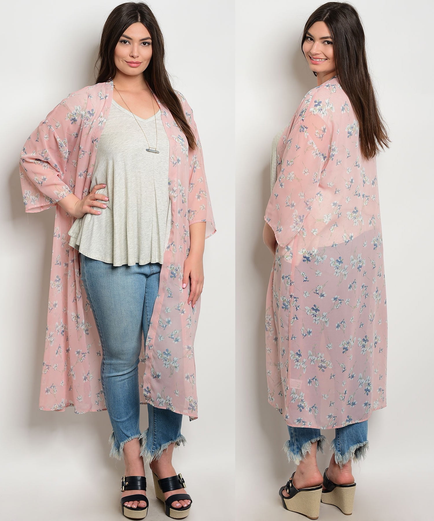 Women Plus Size Kimono Kaftan Black Floral Print Polyester