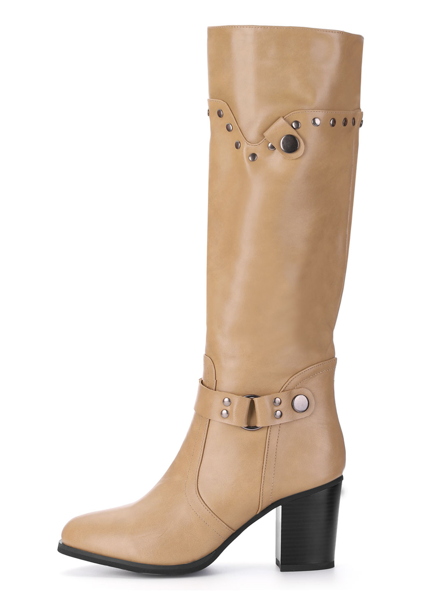 Women Studded Strap Decor Chunky Heel Riding Boots Light Brown US 8.5