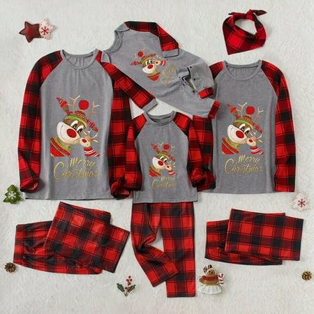 

purcolt Matching Christmas Pajamas Sets for Family 2pcs Letter Elk Print Long Sleeve Tops+ Classic Buffalo Plaid Pants Suit Holiday Family Jammies Sleepwear Loungewear Outfits