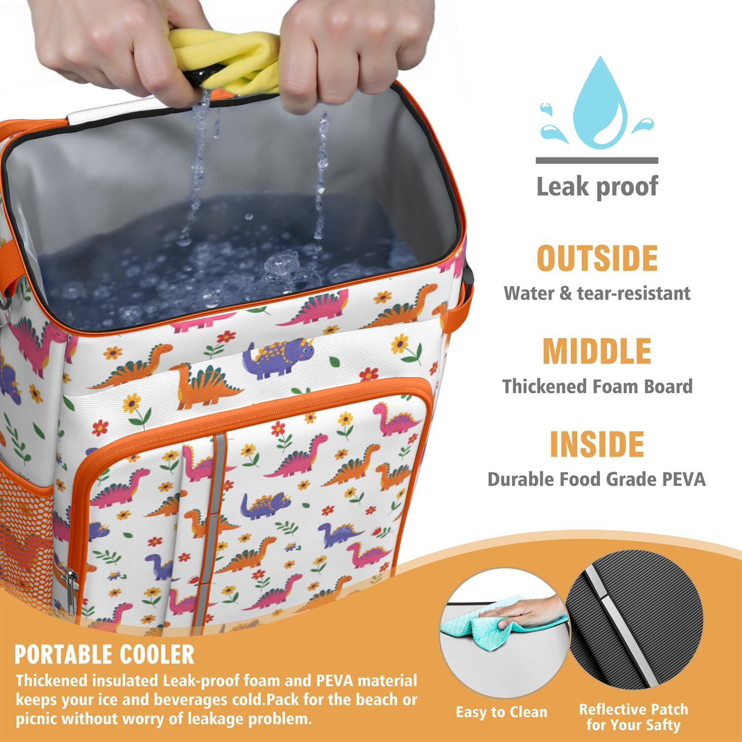 Travel Cooler Bag - White Dinosaurs Flowers Pattern Camping Beer Cooler Backpack with Bottle Opener- Waterproof Insulated Picnic Backpacks - Cooler Bag for Beach