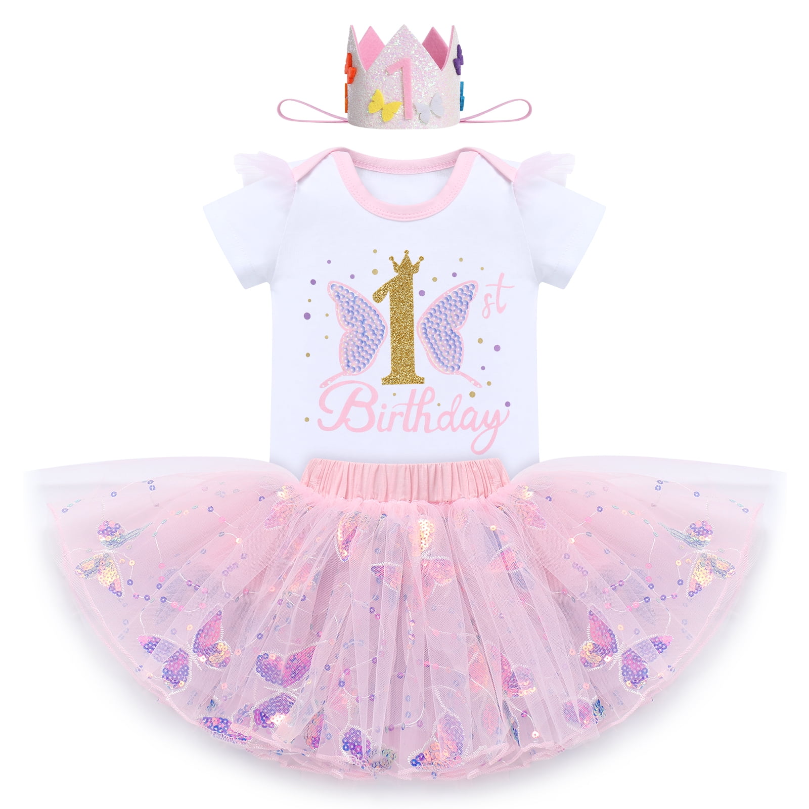 IBTOM CASTLE Baby Girl 1st Birthday Outfit Sequin Butterfly Romper Tutu Skirt Headband Clothes for Cake Smash Photo Shoot 1 Year Pink Butterfly