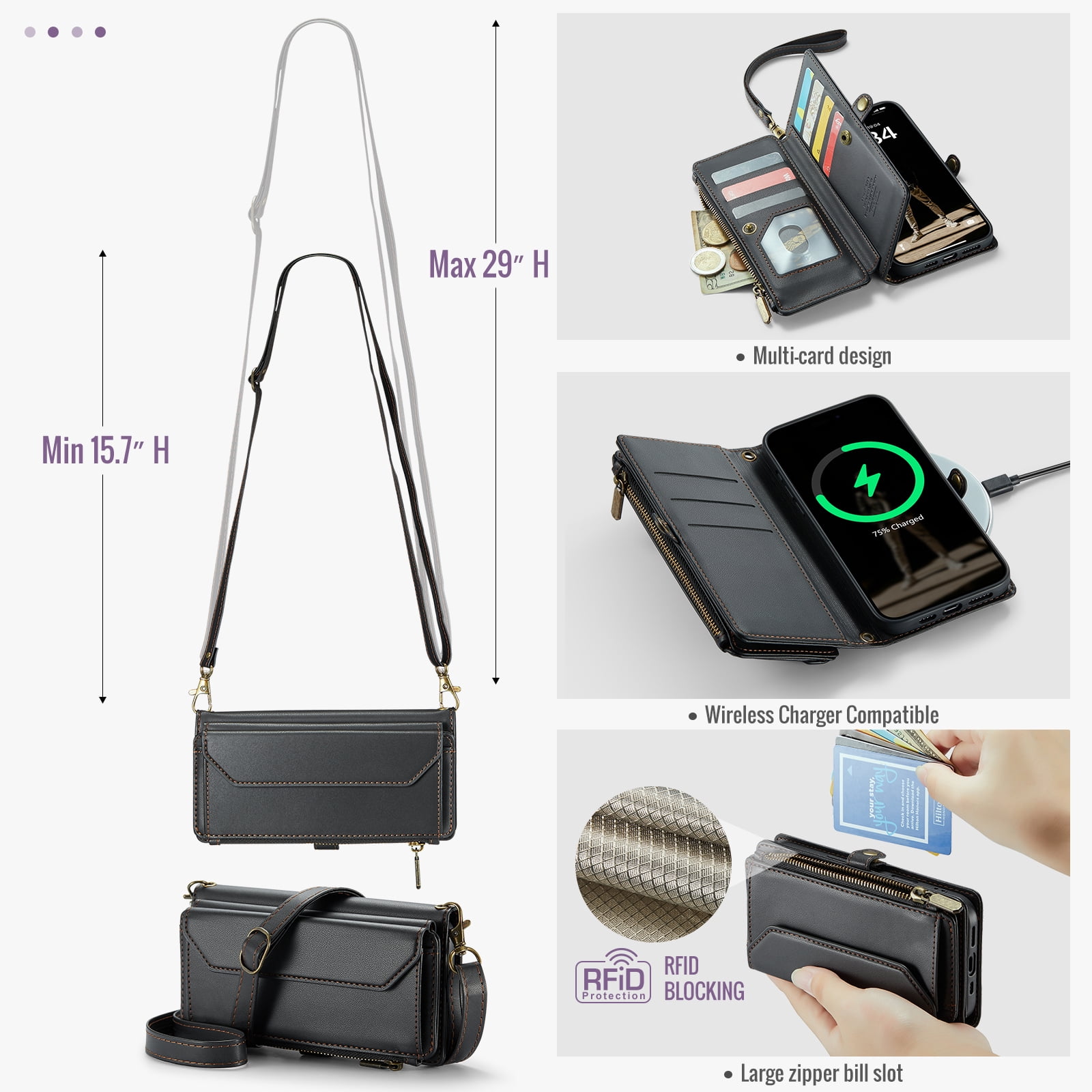 Asuwish Compatible with iPhone 17 Air 6.5 inch Zipper Wallet Phone Case Tempered Glass Screen Protector Crossbody Lanyard Strap Flip Card Holder Slot Cell Cover for i Phone17Air 17Case Women Black