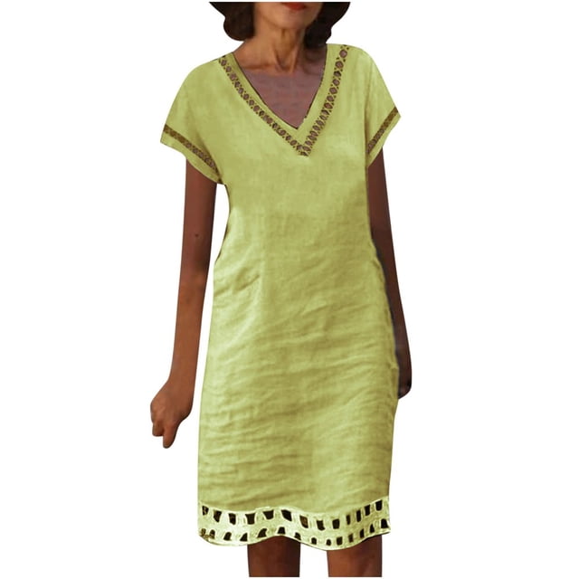CHOK Robe Midi Femme Ample Coton Lin Bleu Clair Robe t-Shirt Été Décontractée Manches Courtes Robe d'Été