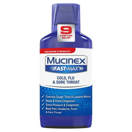 Mucinex Fast-Max Maximum Strength Cold, Flu & Sore Throat, Multi-Symptom Relief, Pain Reliever, Fever Reducer, Cough Suppressant, Expectorant, Nasal Decongestant, 6 FL OZ
