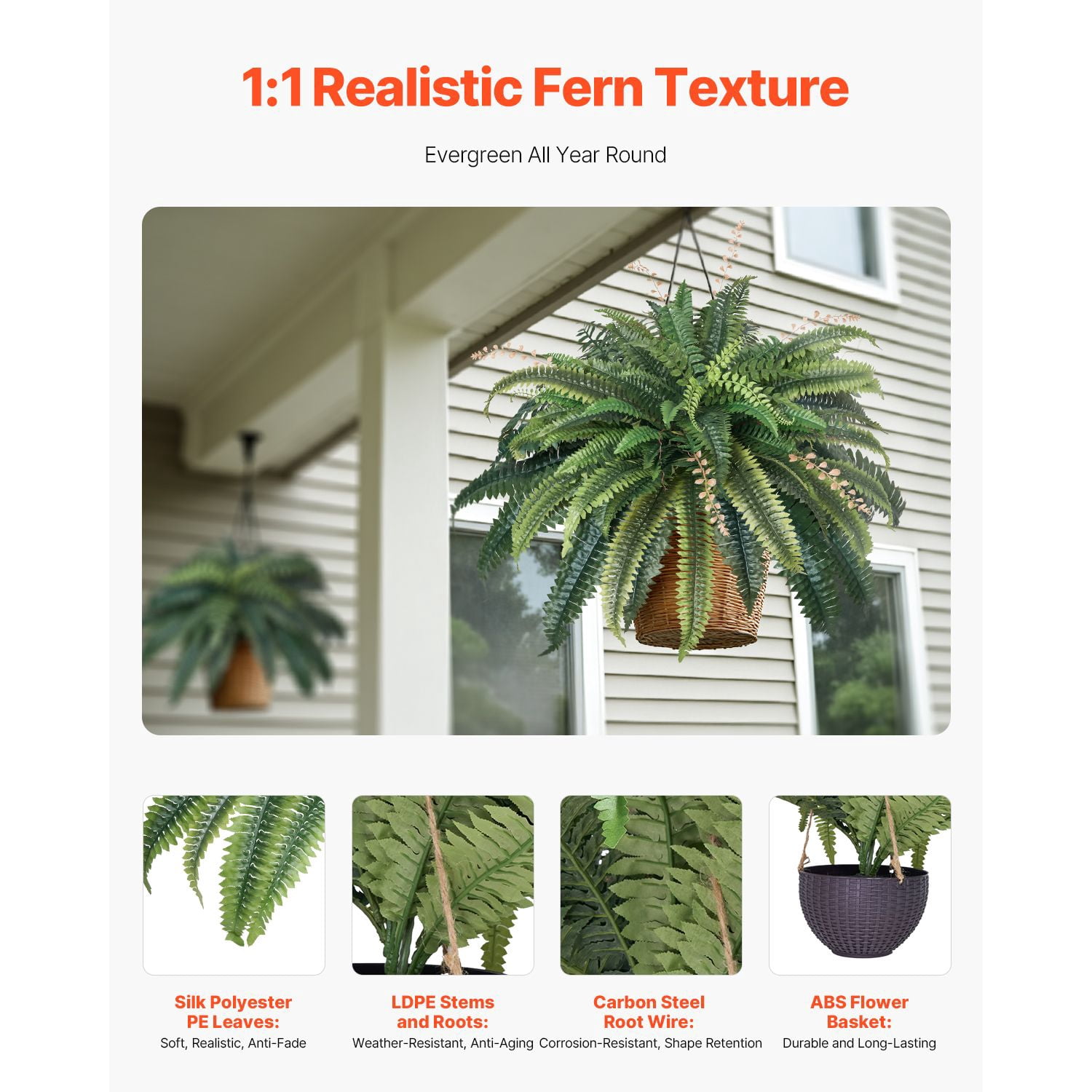 Artificial Fern 1-Pack 37-41 Inch Lifelike PE and Silk Plant Dense Branches Hang or Lay Flat Low Maintenance for Indoor Outdoor Decor