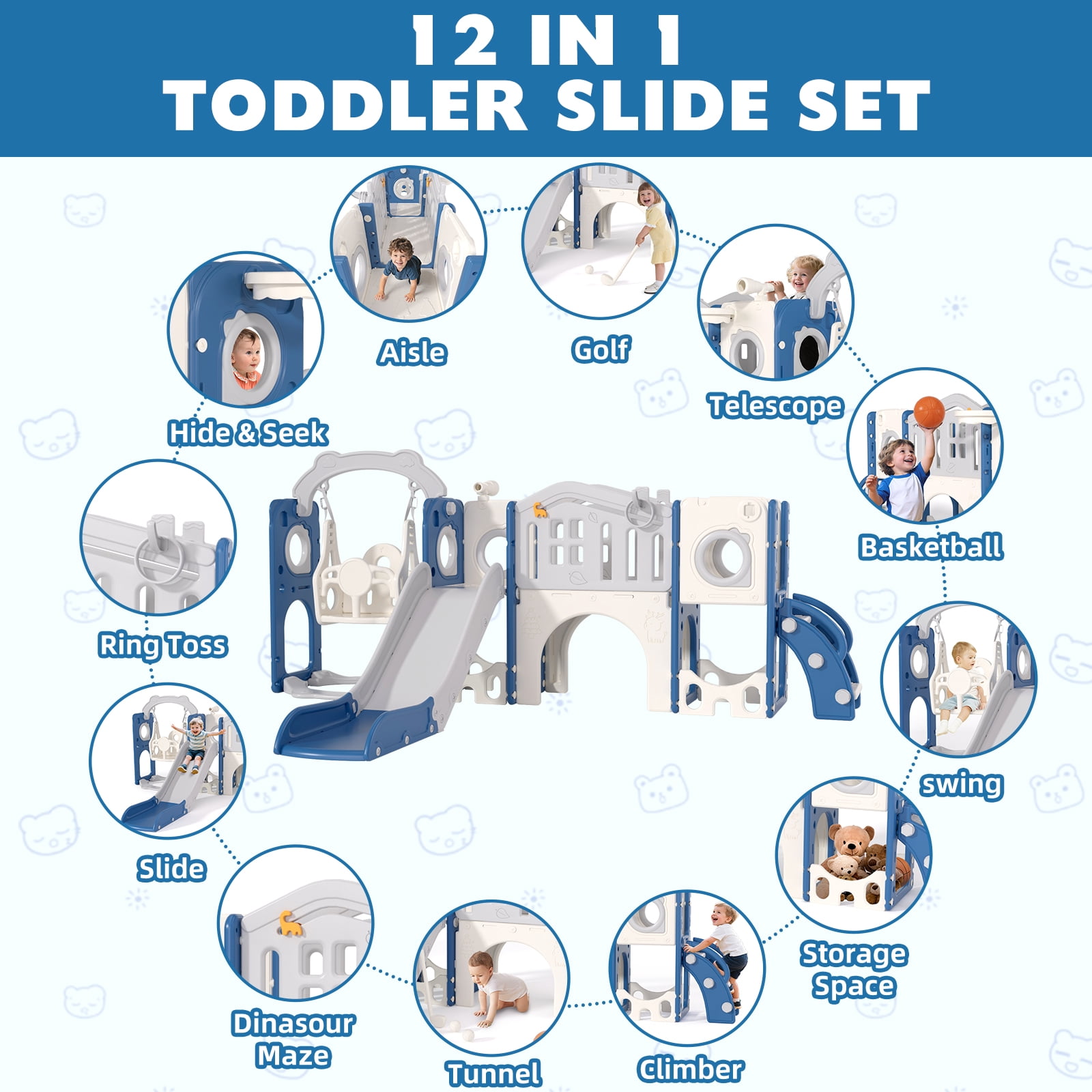 XJD 12 in 1 Toddler Slide and Swing Set - Baby Slide for Toddlers 1-3, Indoor Outdoor Toddler Playset Playground, Blue & Gray