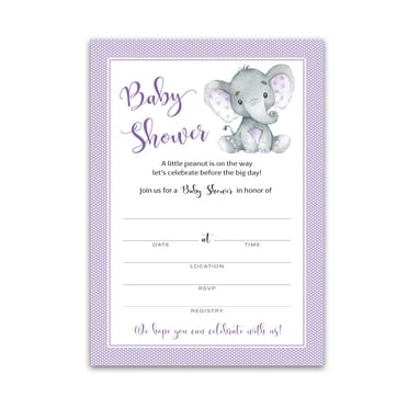 GENDER NEUTRAL Purple Elephant BABY SHOWER INVITATIONS— Pack of 25 — Little Peanut Baby Shower Blank Fill-in INVITES, Unique, Purple Baby Shower Invite, DIY Invites Polka Dot I503-INV1