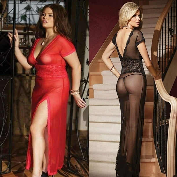 Sexy Plus Size Long Night Gown Transparent Sheer Mesh Night Dress Erotic  Lingerie Sexy Nightwear Sleepwear 