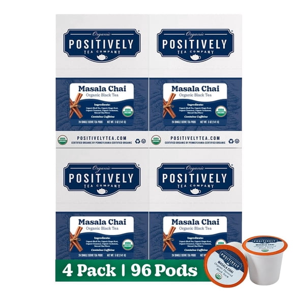 Positively Tea's Organic Masala Chai Tea, 96 CT K-cup Compatible Tea Pods