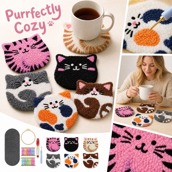 Punch Needle Kit for Beginners Featuring Cat Coaster Embroidery Set, Relaxation Craft Supplies for Adults and Kids with Wooden Hoop and Colorful Yarn, Birthday Gift for Women