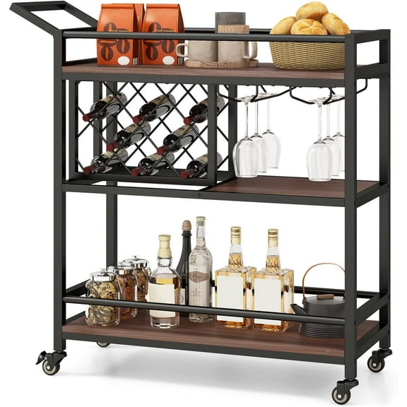 GOFLAME 3-Tier Bar Cart, Serving Cart with Wine Racks & Glass Holders, Convenient Handle, Rolling Beverage Cart with Metal Frame for Kitchen, Dining Room, Living Room, Brown