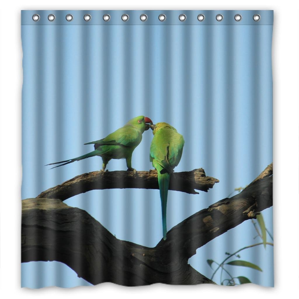 GreenDecor Green Parakeet Budgie Parrots Waterproof Shower Curtain Set with Hooks Bathroom