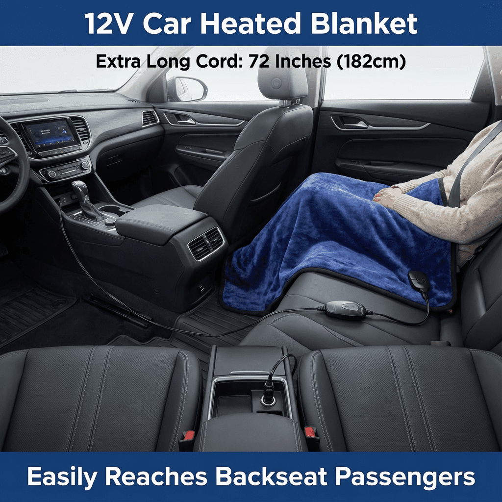 12V Car Heated Blanket with Smart Timer & 3 Heat Settings - Reversible Navy Blue & Dark Grey Electric Flannel Throw - Washable, 72" Long Cord, 55"x39" Large Size for Winter Travel, SUV, RV