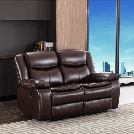 Breathable Genuine Leather 2-Piece Manual Reclining Loveseat for Living Room - Dark Brown