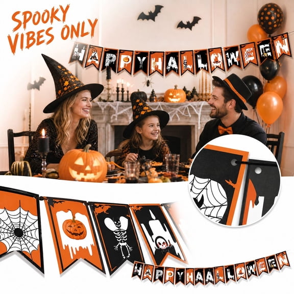 Happy Halloween Banner, 197 Inch Long Spooky Halloween Decor Hanging Decoration for Indoor Outdoor Home Door Wall Haunted House Party, 1 Pack