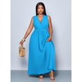 thumbnail image 6 of Plus Size Blue Day Solid Cross Deep V-Neck A-Line Maxi Dress Loose Casual Flowy Everyday Wear, 6 of 7