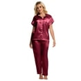 thumbnail image 3 of DAKIMOE Silk Satin Pajamas Set for Women Two-Piece Sleepwear Short Sleeve Pjs Soft Button Down Shirt and Wide Leg Long Pants with Pockets, 3 of 7