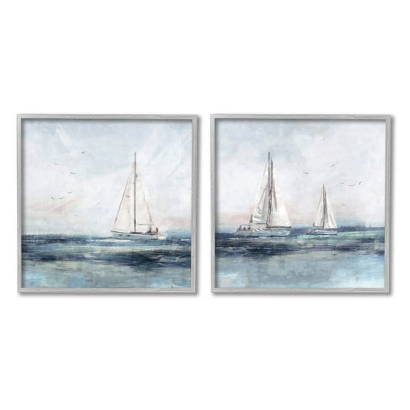 Stupell Industries Blue Sailing Ocean Scene Painting Gray Framed Art Print Wall Art, Set of 2, Design by Nina Blue