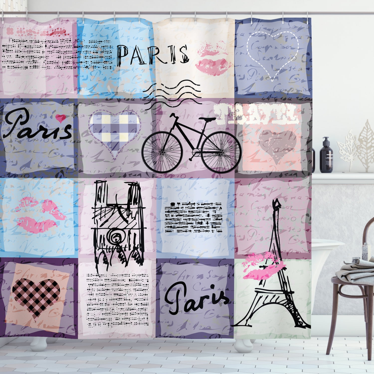 Paris Shower Curtain Grunge Textured Retro Collage Of With Famous Object Eiffel Tower Europe Theme Fabric Bathroom Set Hooks 69w X 84l Inches Extra Long Multicolor By Ambesonne Com Paris Shower Curtain Grunge Textured, Paris Themed Shower Curtain Hooks