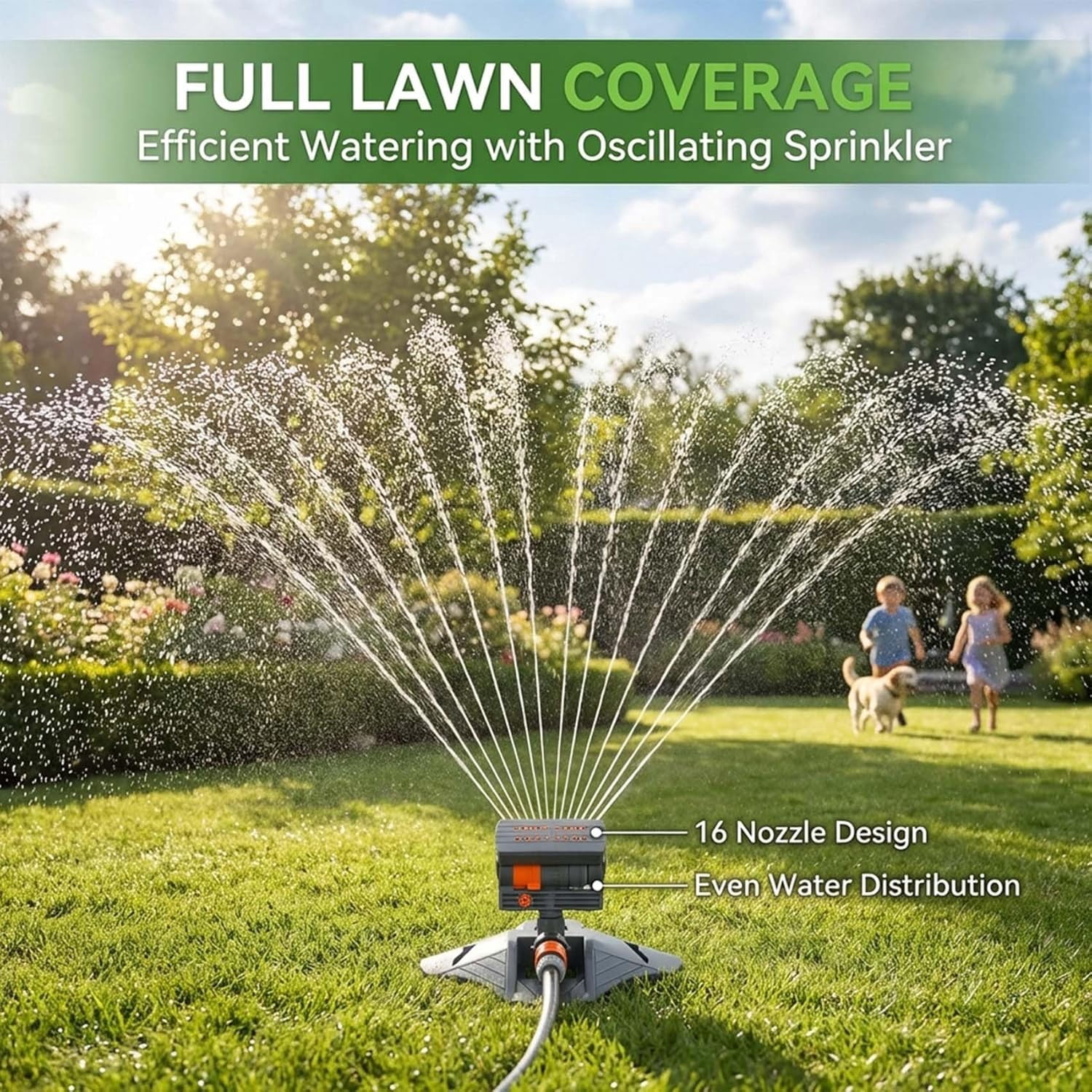 16-Nozzle Oscillating Sprinkler with Dual-Zone Sprinkler Water Timer, Oscillating Sprinkler with Timer, 360° Rotating Lawn sprinklers for Yard Garden,
