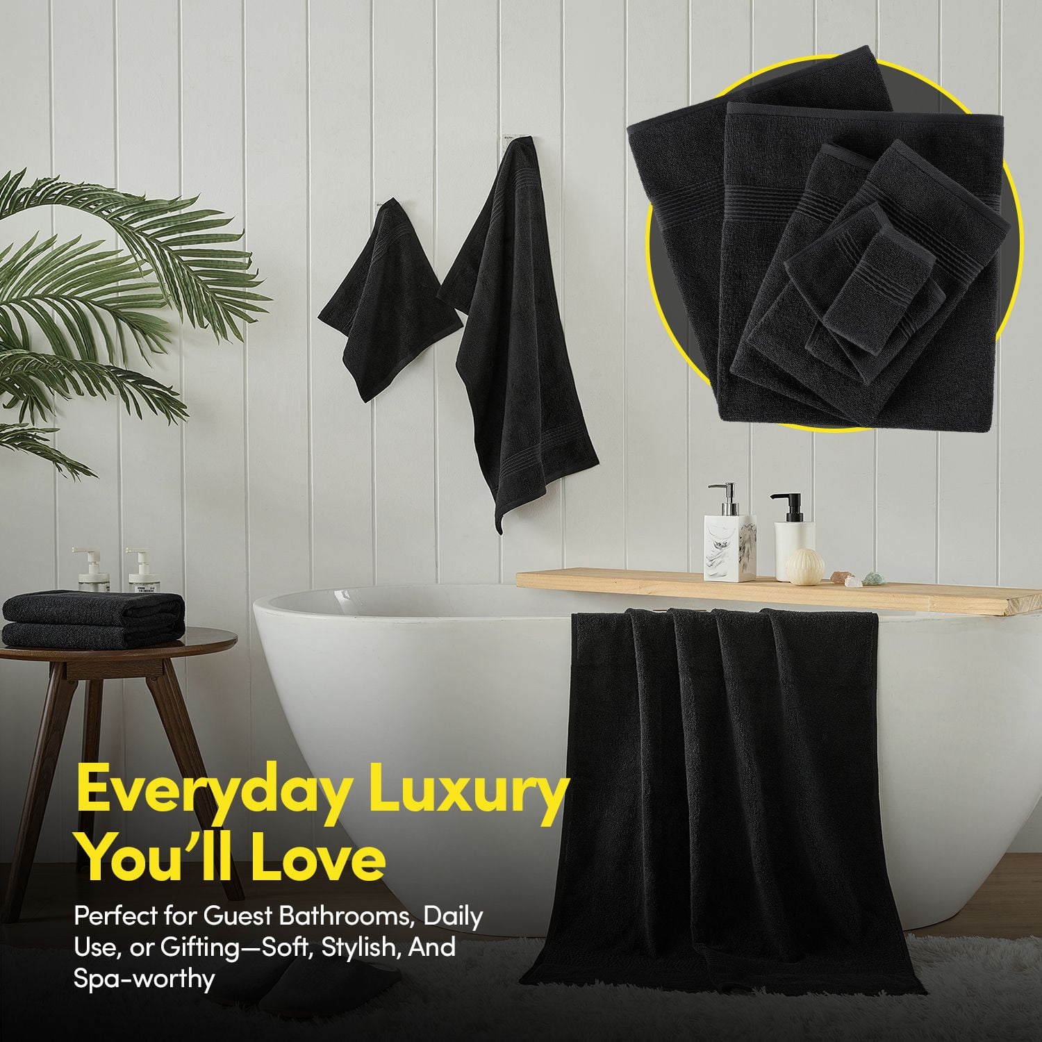 8pc 100% Combed Cotton Towel Set (2 Bath, 2 Hand, 4 Wash) - Black