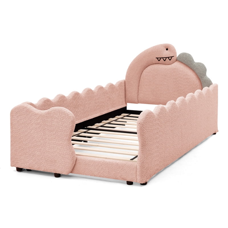 Twin Size Upholstered Platform Bed with Dinosaur Shaped Headboard, Boucle Fabric Kids Bed with Slats Support, Space-Saving Daybed for Girl, Boy, Teenager
