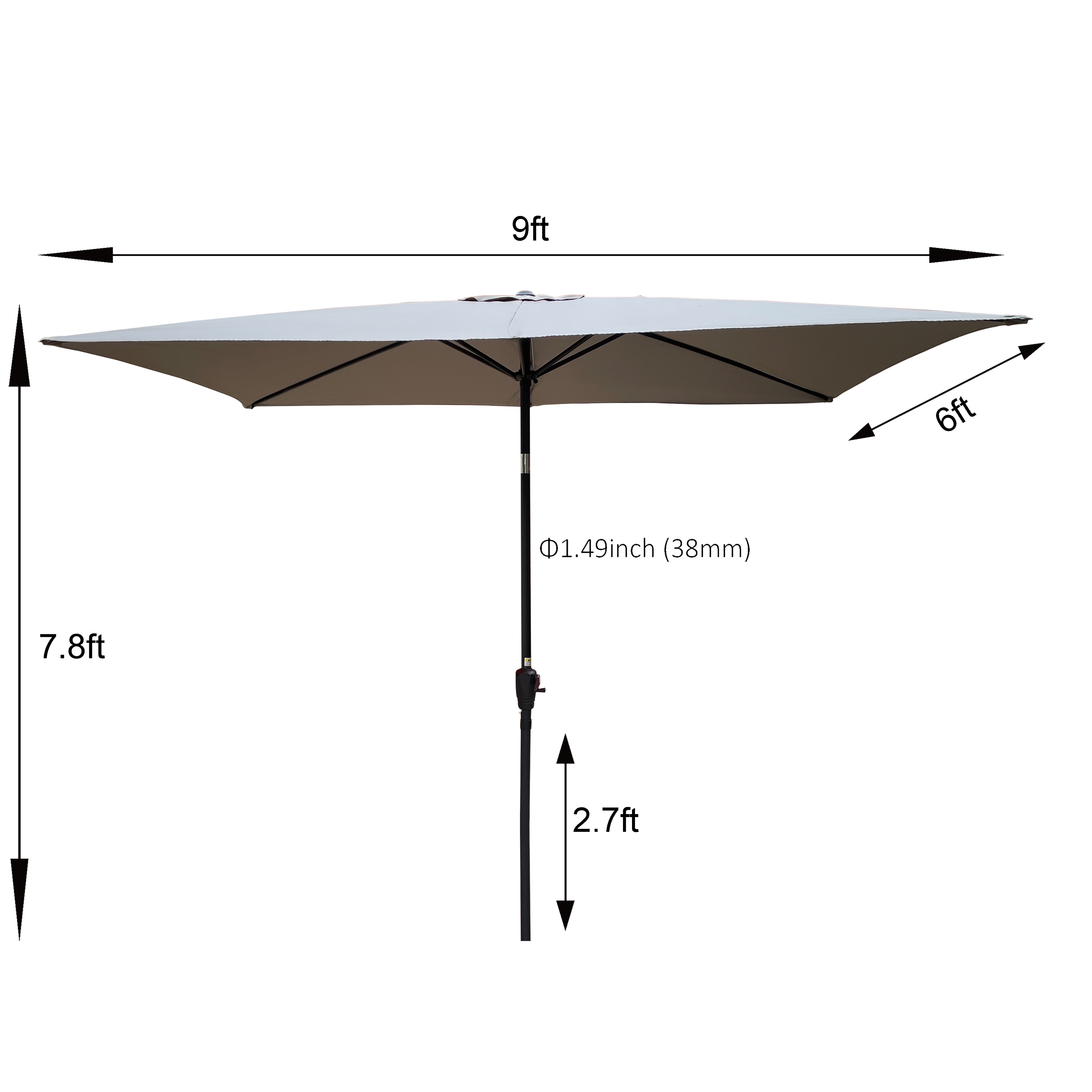 6x9 FT Outdoor Patio Sun Umbrella, Adjustable Tilt Waterproof Yard Shade Umbrella with Crank Design, Medium Grey
