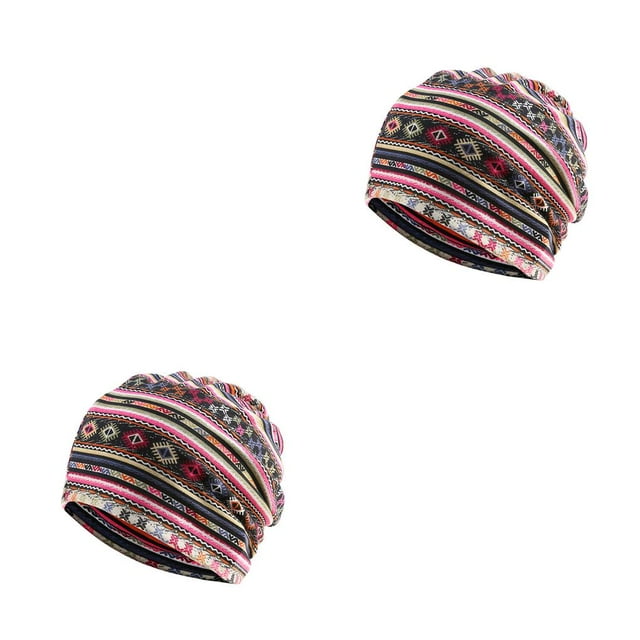 mmirethe Bonnet Hijab Imprimé Floral Style Bohème Turban Accessoires Bonnet Rose red stripe 2Set