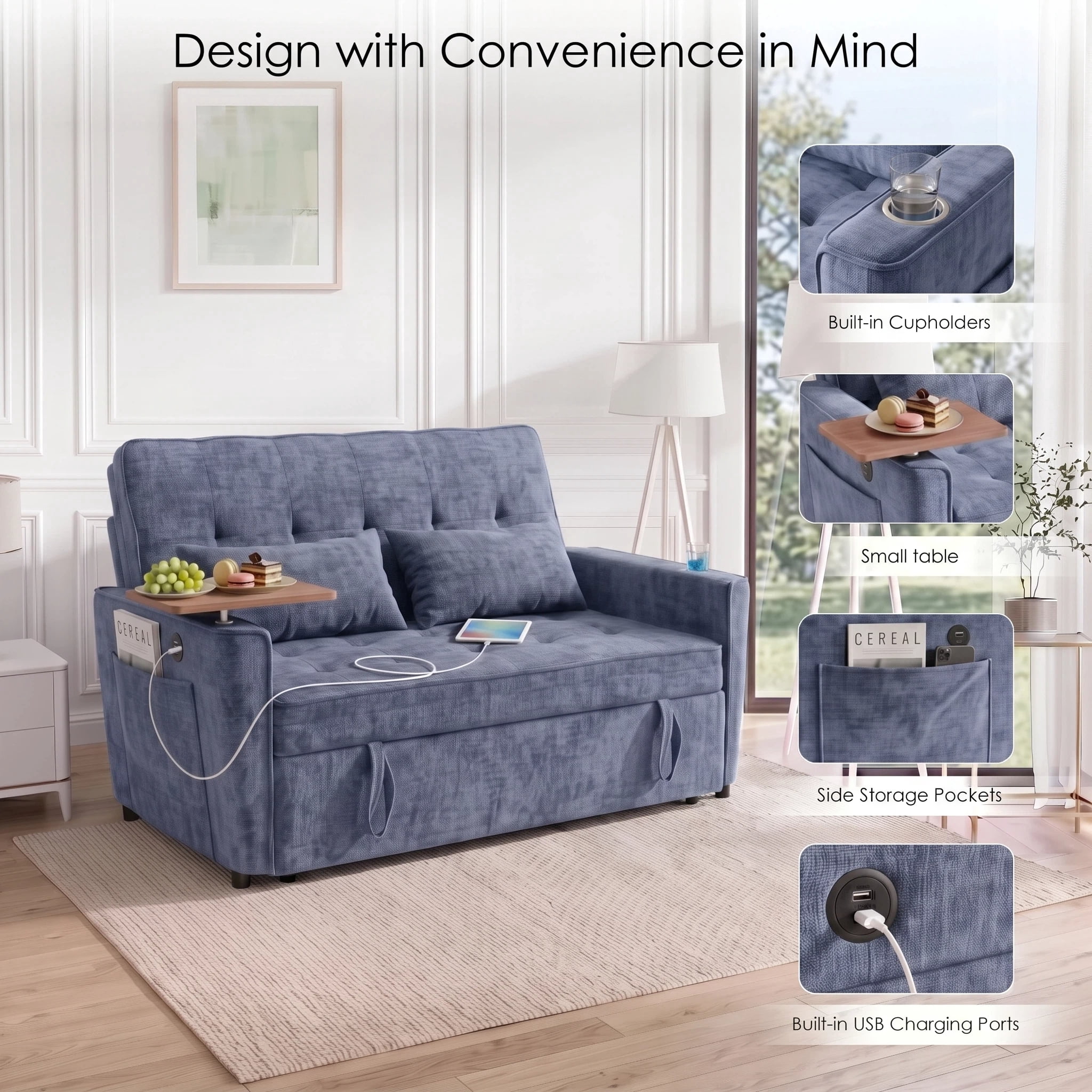 AISWORD 54" Convertible Pull Out Sleeper Sofa Bed, Chenille Loveseat Couch with USB Port, Side Tray Table, Cup Holder, Storage Pockets & Adjustable Backrest for Small Spaces, Blue