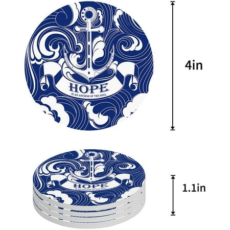 

FMSHPON Nautical Theme Hope is An Anchor of the Soul Blue Set of 6 Round Coaster for Drinks Absorbent Ceramic Stone Coasters Cup Mat with Cork Base for Home Kitchen Room Coffee Table Bar Decor