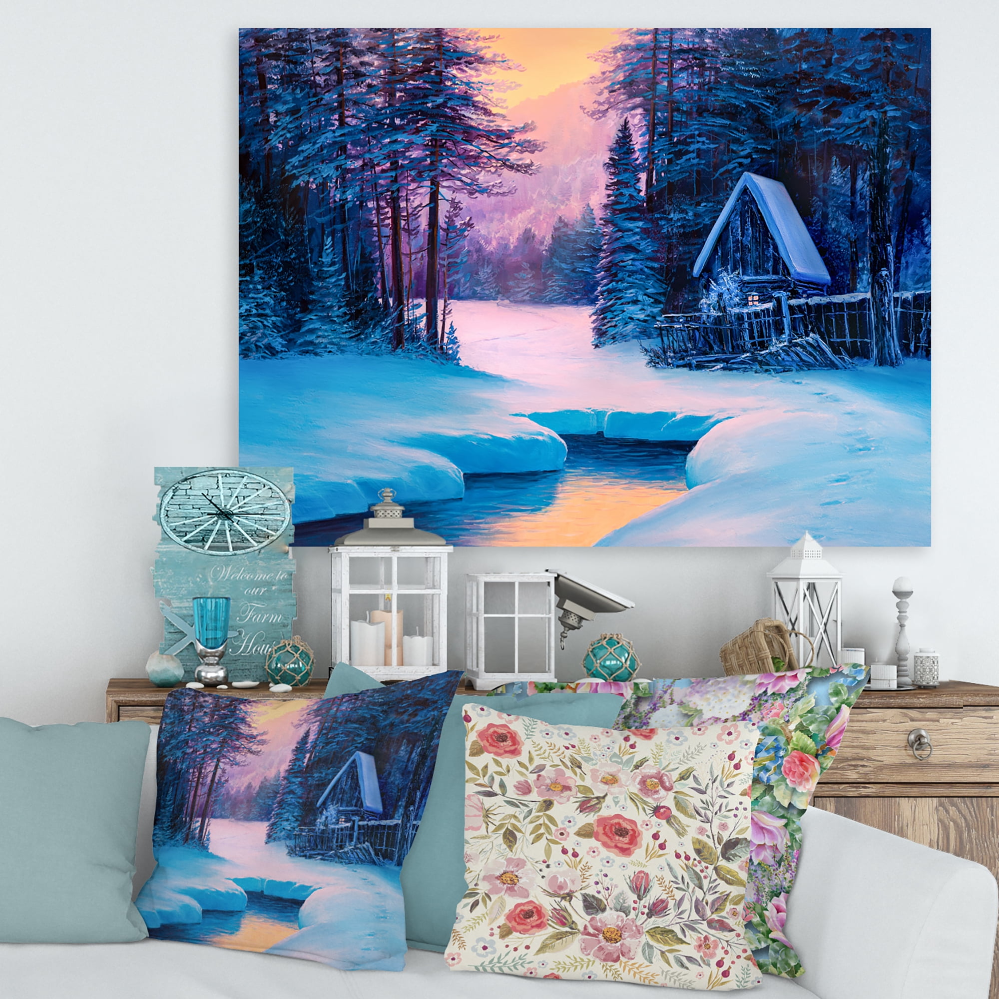 Designart ' The River House In The Woods and Winter Landscape II ' Lake House Canvas Wall Art Print