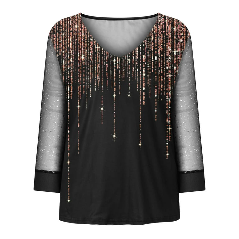 Hfyihgf Women's Casual V Neck Tops Long Sleeve T Shirts Sequin Sheer Mesh  Patchwork Blouses and Tops Club Outfits（Printed Black,M)