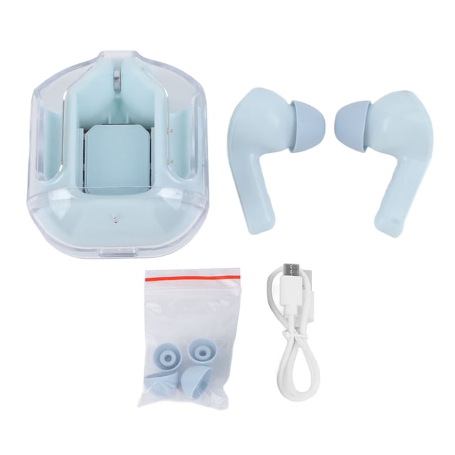 auriculares inalámbricos auriculares con carga usb elegantes con cancelación de ruido para teléfono para correr — audífonos BT azul in-ear con estuche de carga transparente y pantalla LED para nivel de batería, puntas de silicona intercambiables y cable USB incluido; batería integrada 30 mAh por auricular y 300 mAh en estuche; suelen usarse también para llamadas manos libres al correr.
