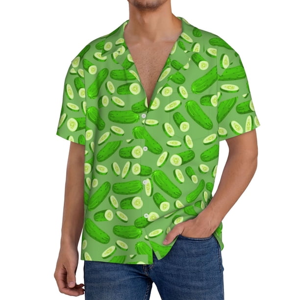 Balery Green Cucumber Camisa Casual de Manga Corta con Botones para Hombre, Texturizada, Estilo Cubano, para Playa, Verano-Medium