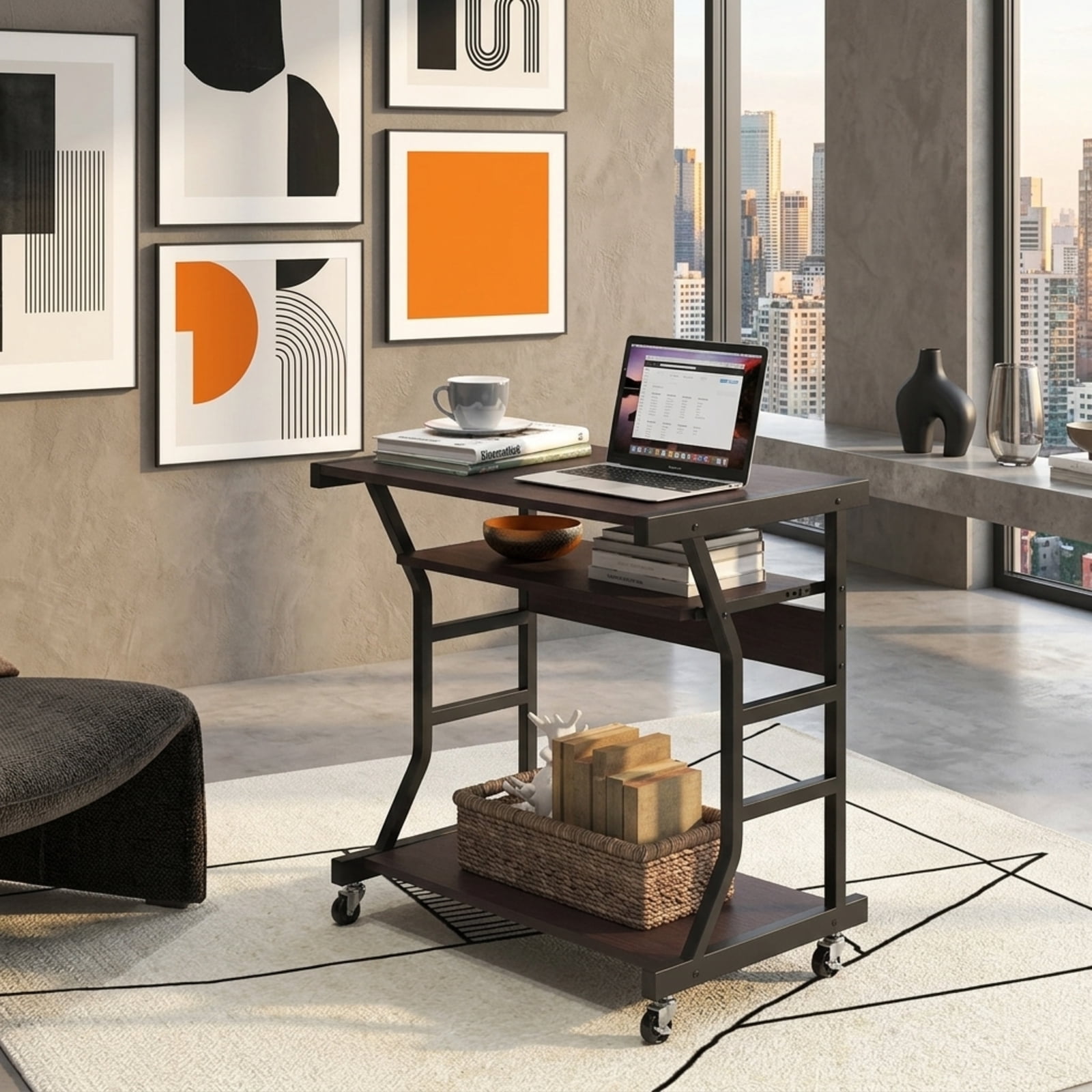 Furnibear Mobile Computer Desk with Keyboard Tray and Rotatable Mouse Tray, Small Rolling Desk with Storage Shelf and Locking Casters, Dark Brown