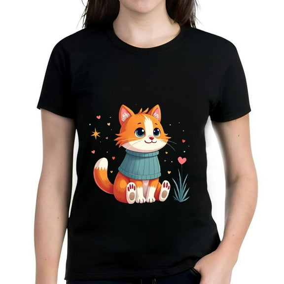 Cute Cartoon Cat Cotton Short Sleeve T-Shirt for Women - Orange Blue Sweater Hearts & Stars Pattern Tee Top