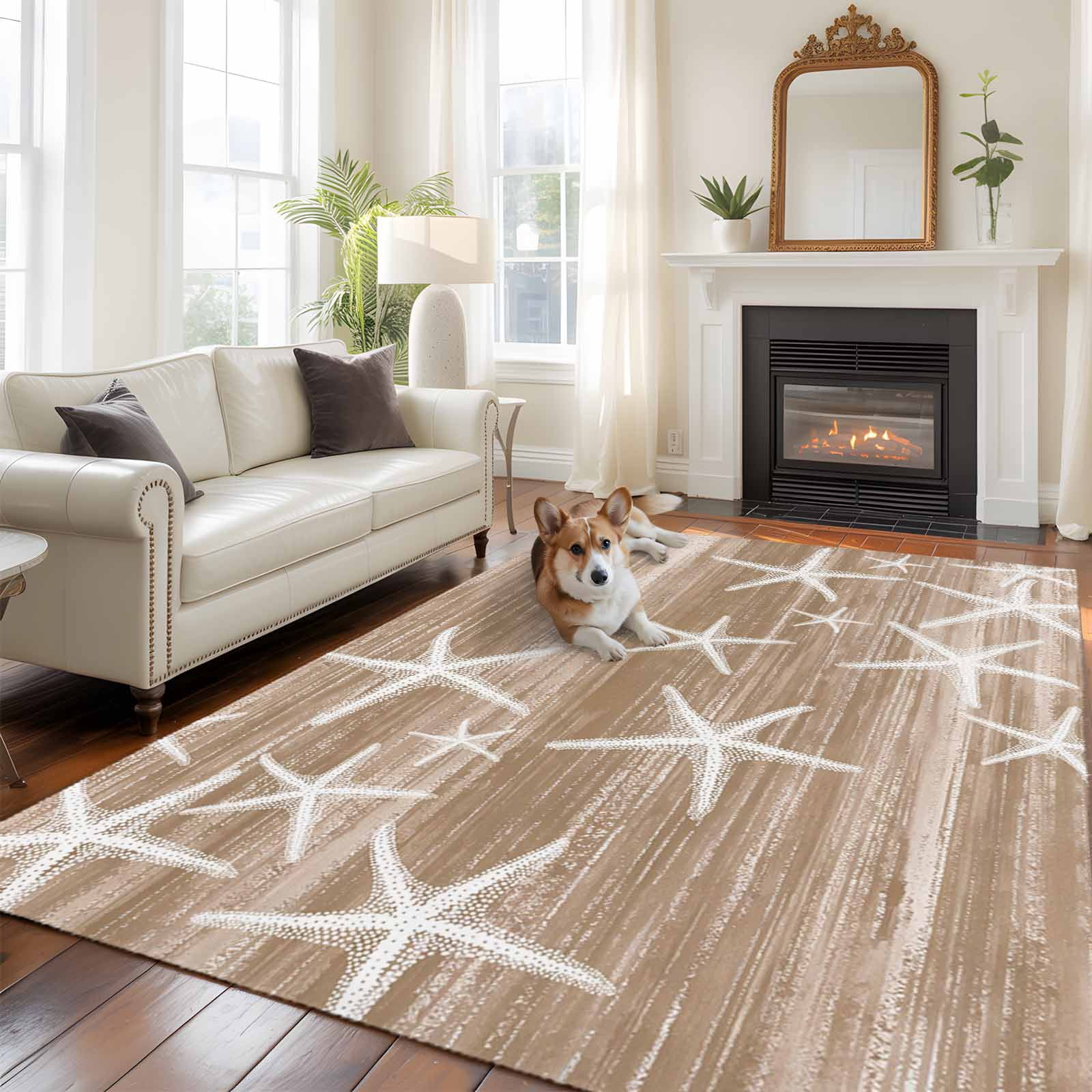 Brown Coastal Area Rugs 8'x10', Washable Small Throw Rugs for Living Room Patio, Summer Ocean Waves Ombre Sea Starfish Indoor Outdoor Rug Non-Slip Low Pile Carpet Runner Reversible Floor Mats