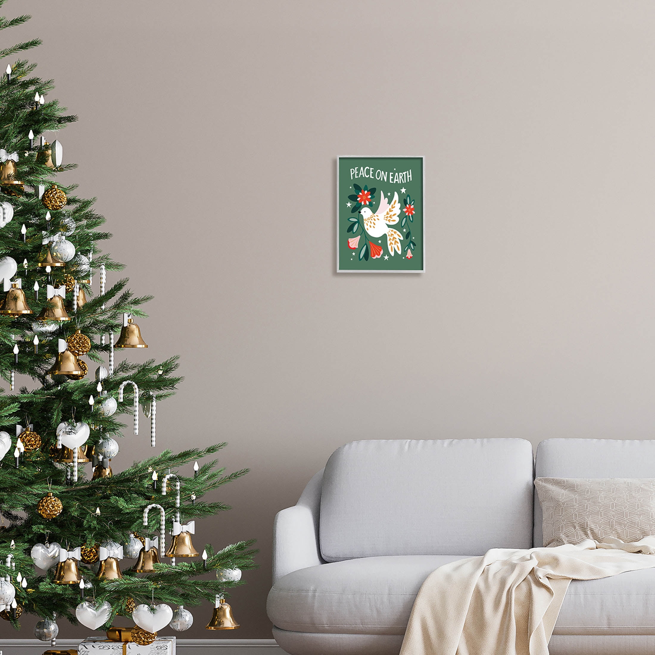 Peace On Earth Floral Dove Blossoms Holiday Graphic Art Gray Framed Art Print Wall Art
