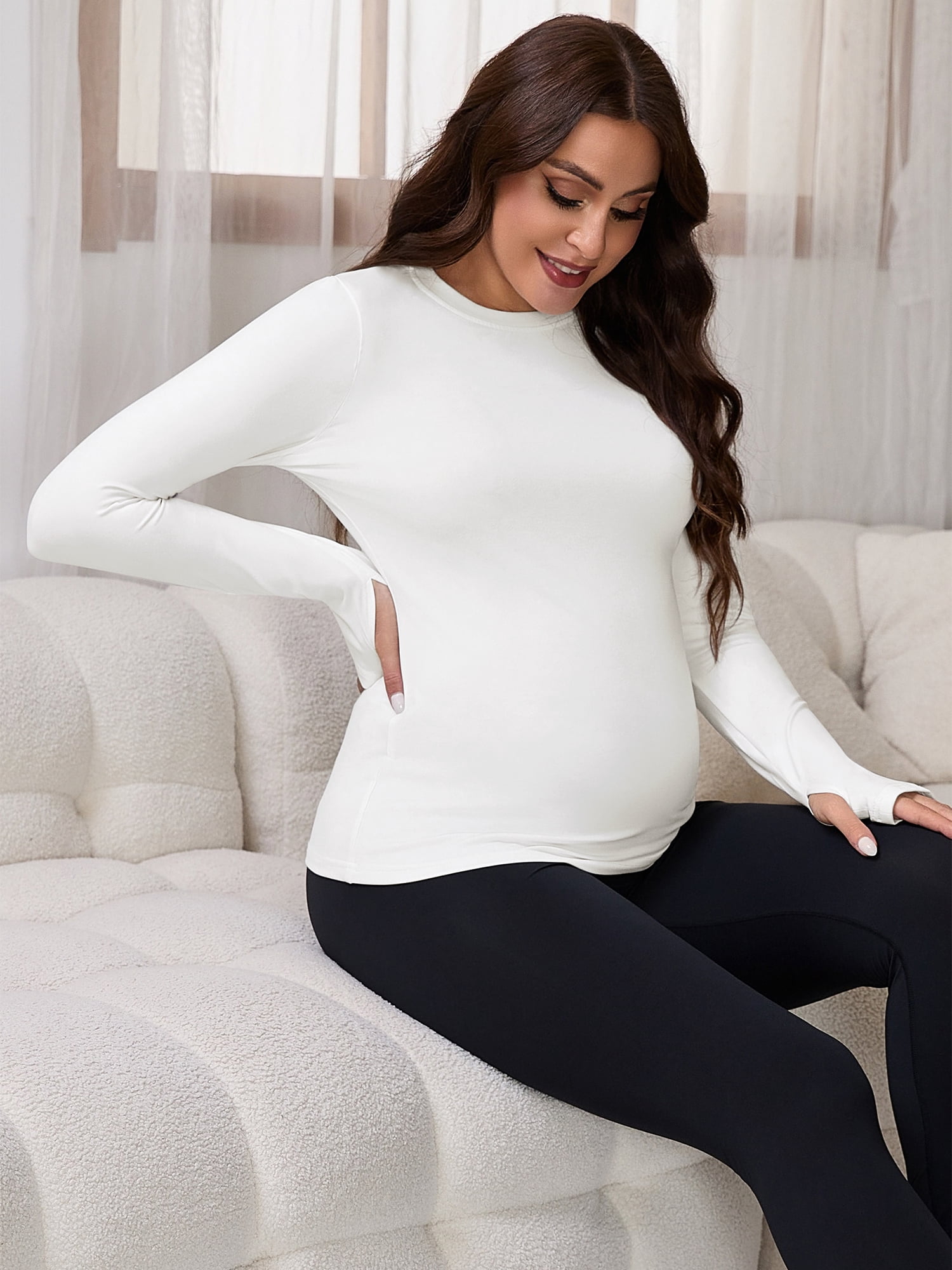 DARING DIVA Women's Maternity Stretchy Fitted Crew Neck Long Sleeve Tops S White