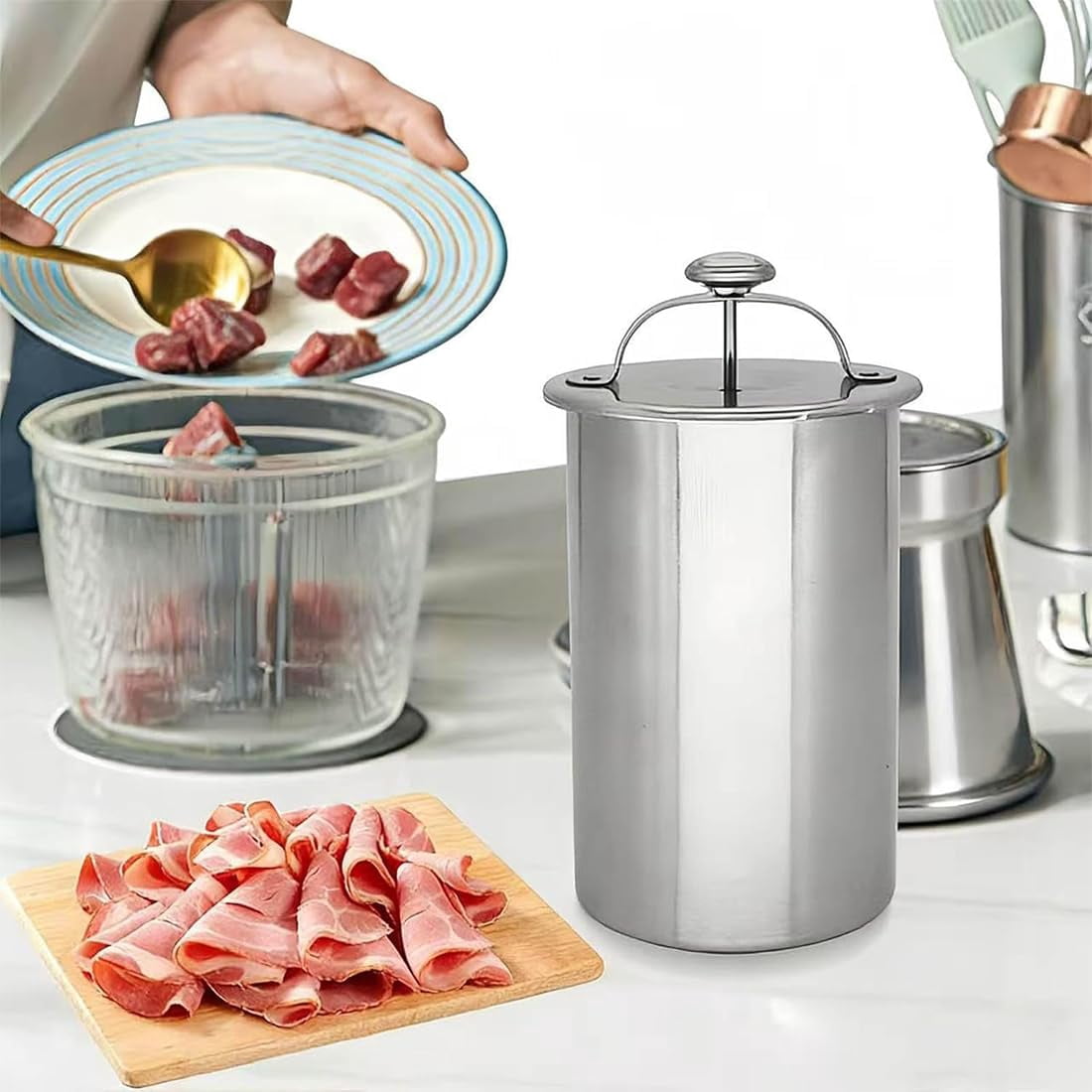 Stainless Steel Deli Meat Press with Thermometer, 1.5L Ham Maker Mold for Homemade Lunch Meat, Poultry & Sandwich Filling