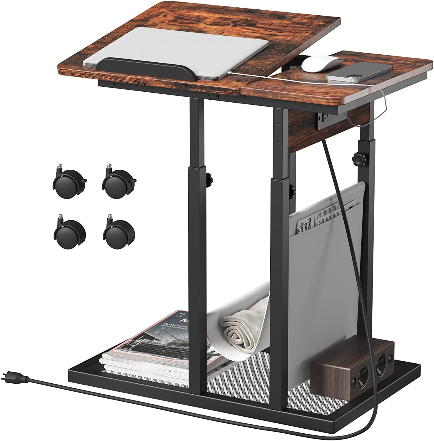 C Shaped End Table with Charging Station, Height Adjustable Couch Side Table with Storage