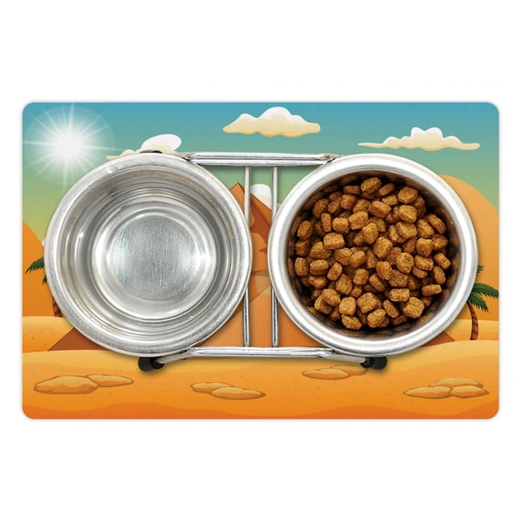 Dune Pet Mat for Food and Water, Cartoon Style Concept of Triangular Pyramid Hills and Trees Sun Beaming, Non-Slip Rubber Mat for Dogs and Cats, 18" X 12", by Ambesonne